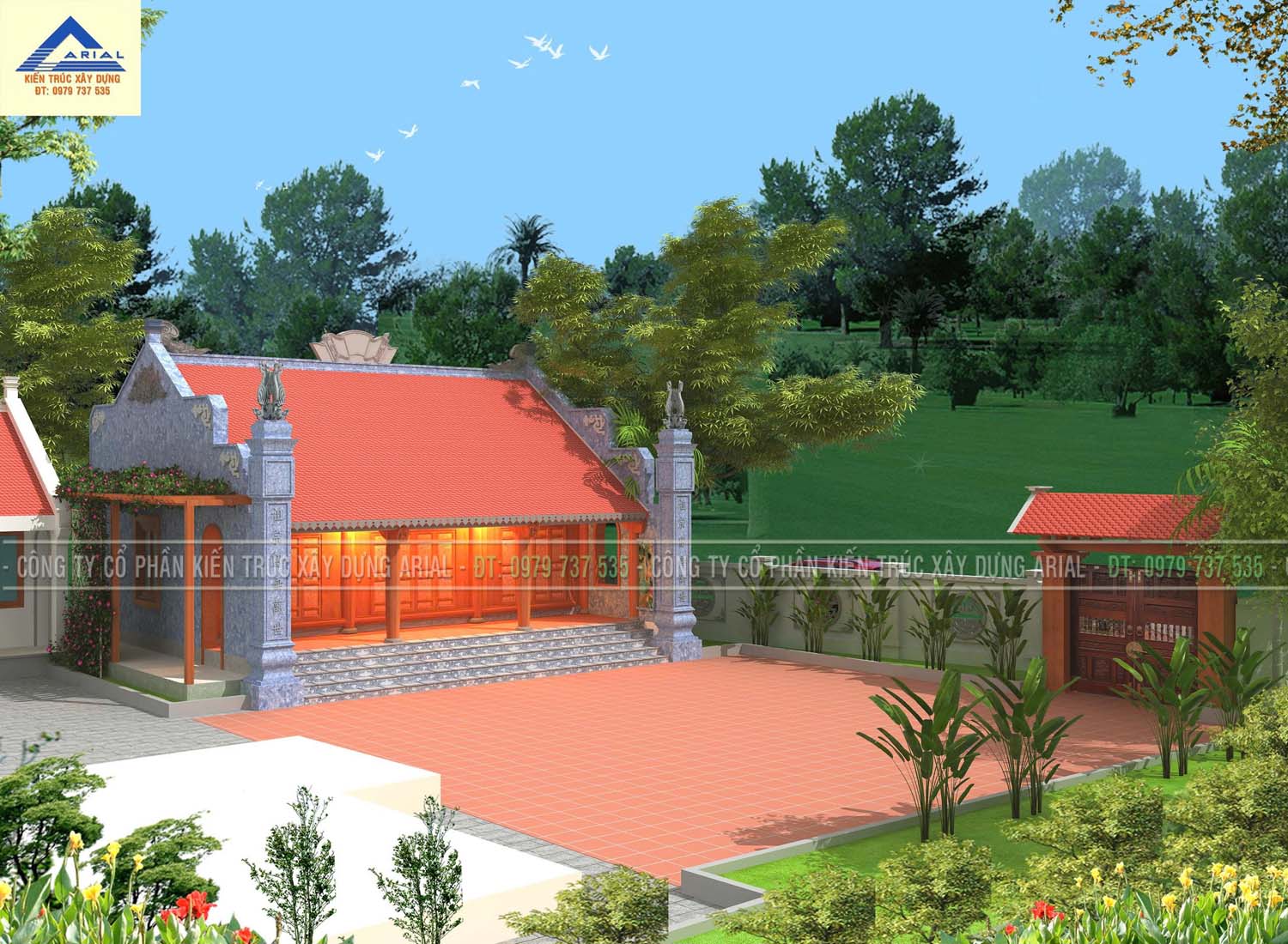 Mẫu 2MNN15. Nhà 3 gian 2 mái đắp hoa văn bức thuận, bậc cấp ốp đá mỹ nghệ, trang trí đèn Led nội thất đầy đủ